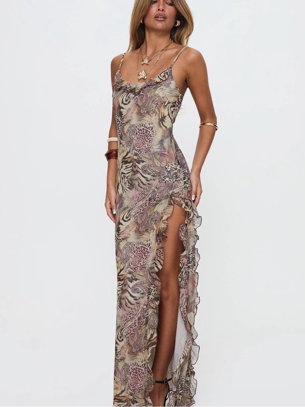 Princess Polly Floral Animal Print Ruffle-Slit Maxi Dress - Beige Multi